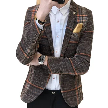 

Mens Designer Blazers Jacket Suit Slim Fit Korean Male Mens Plaid Fashion Blazer Tweed Button Erkek Mont Casual Coat 6X005
