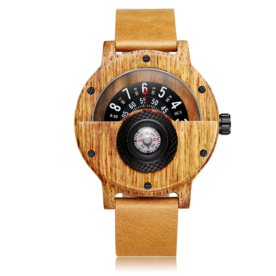 Креативные мужские часы из орехового дерева, часы из натуральной кожи, палисандр, мужские наручные часы, мужские часы с компасом, поворотные деревянные наручные часы - Цвет: Brown Wood Watch
