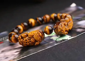 

100% Natural Yellow Tiger's Eye Pi Xiu Pendant 12mm Gemstone Crystal Round Bead Bracelet Women Men Powerful Stretch AAAAA