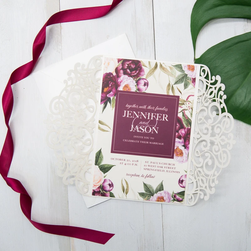50 посылка с цветочным узором ленты элегантные белые приглашения на свадьбу печать на заказ Пригласительные открытки RSVP фестиваль приглашение