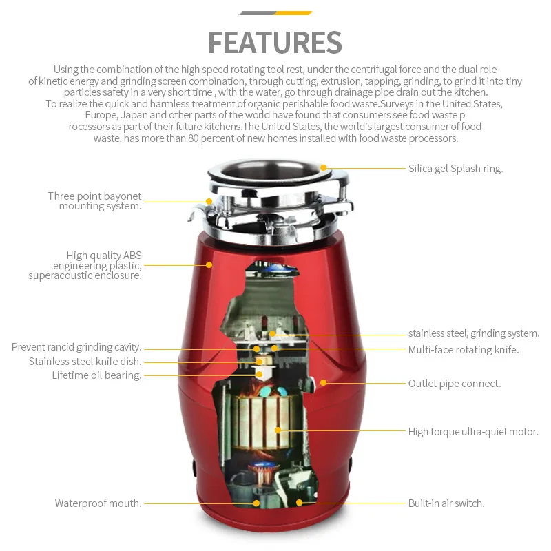 Кухонный измельчитель пищевых отходов из нержавеющей стали, измельчитель пищевых отходов, измельчитель мусора, беспроволочный переключатель, безопасный без лезвия