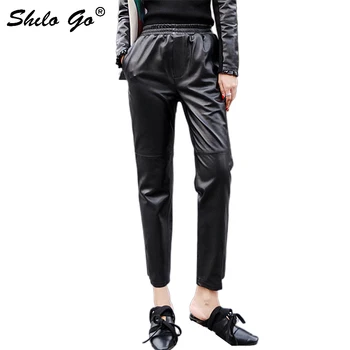 

Streetwear Leather Pants Women Casual Elastic High Waist Sheepskin Genuine Leather Harem Pants Concise Side Pocket Female Capris