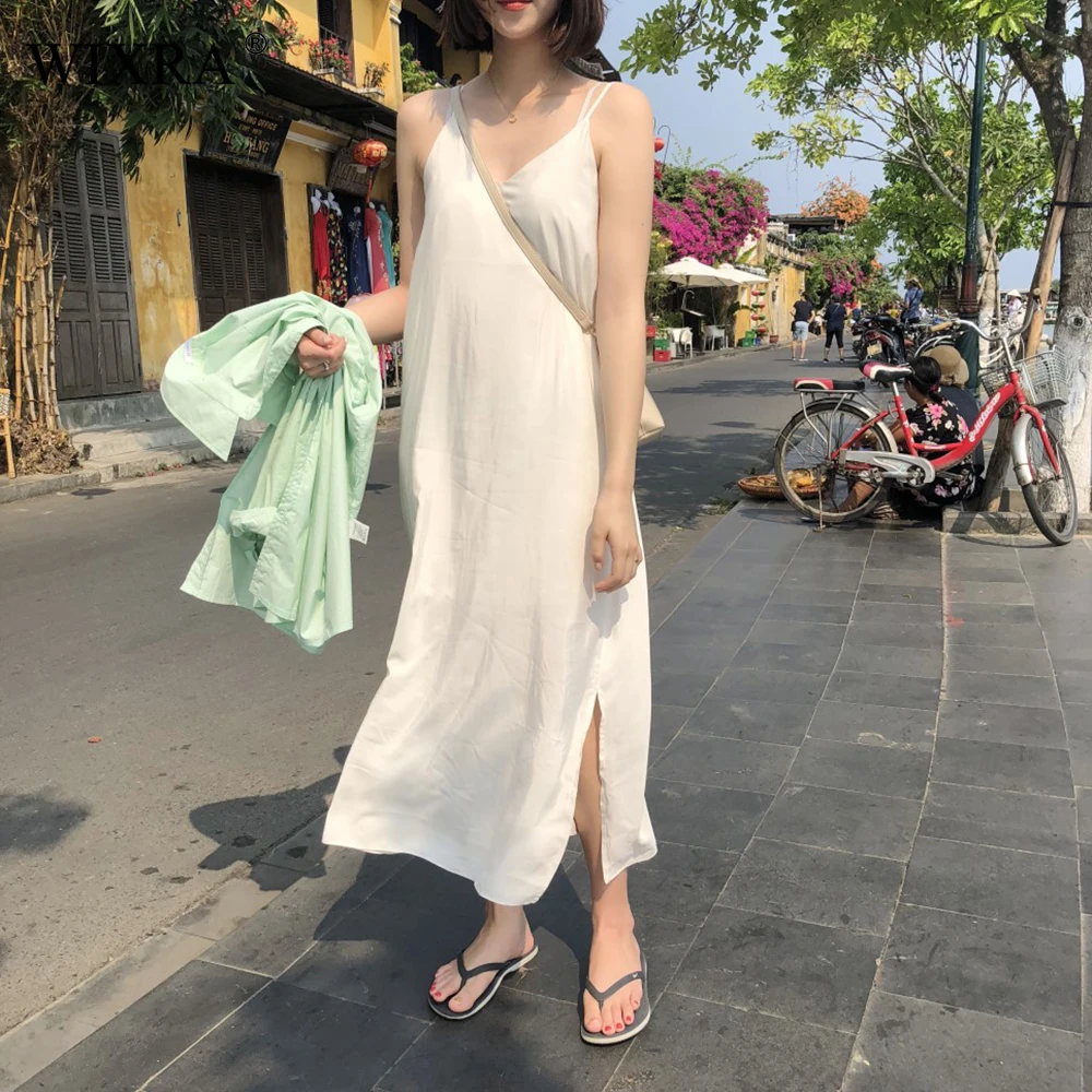 

Wixra 2019 New Summer Black White V Neck Spaghetti Strap Mid Calf Dress Solid Holidy Split Dresses For Female