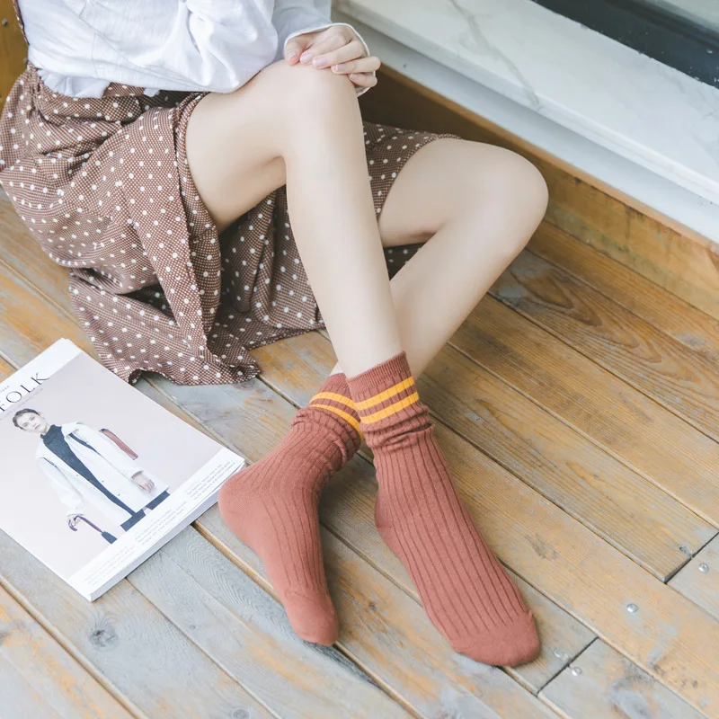 12 цветов, корейские женские повседневные вязаные носки с двумя полосками для женщин и девочек, цветные однотонные базовые длинные носки для школы