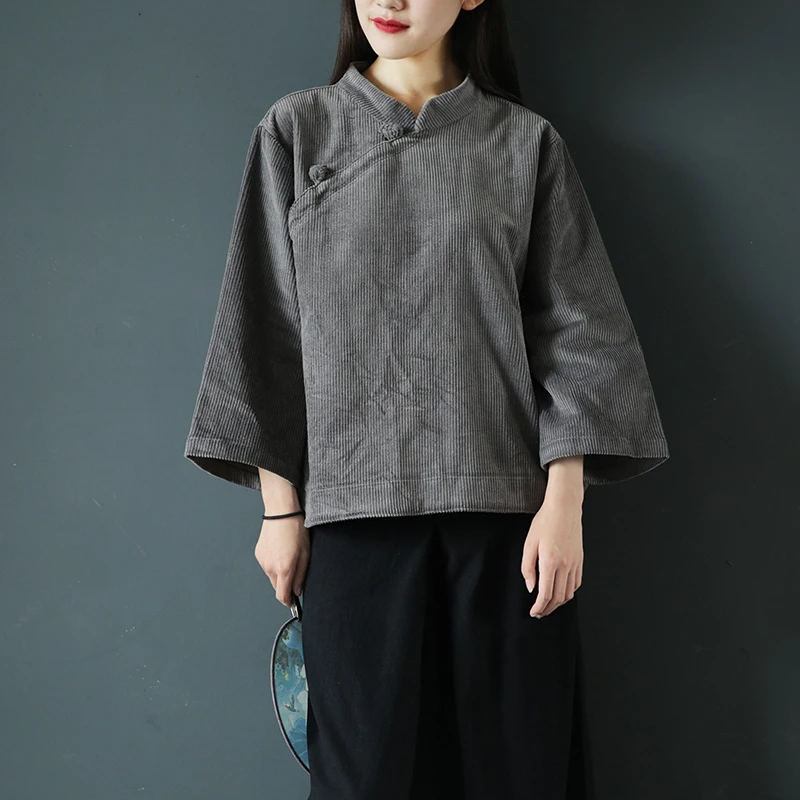 

SCUWLINEN 2019 Women Autumn Winter Tops Satnd-collar Corduroy Plate Buttons Loose Shirts Solid Casual Blouse Vestidos W54