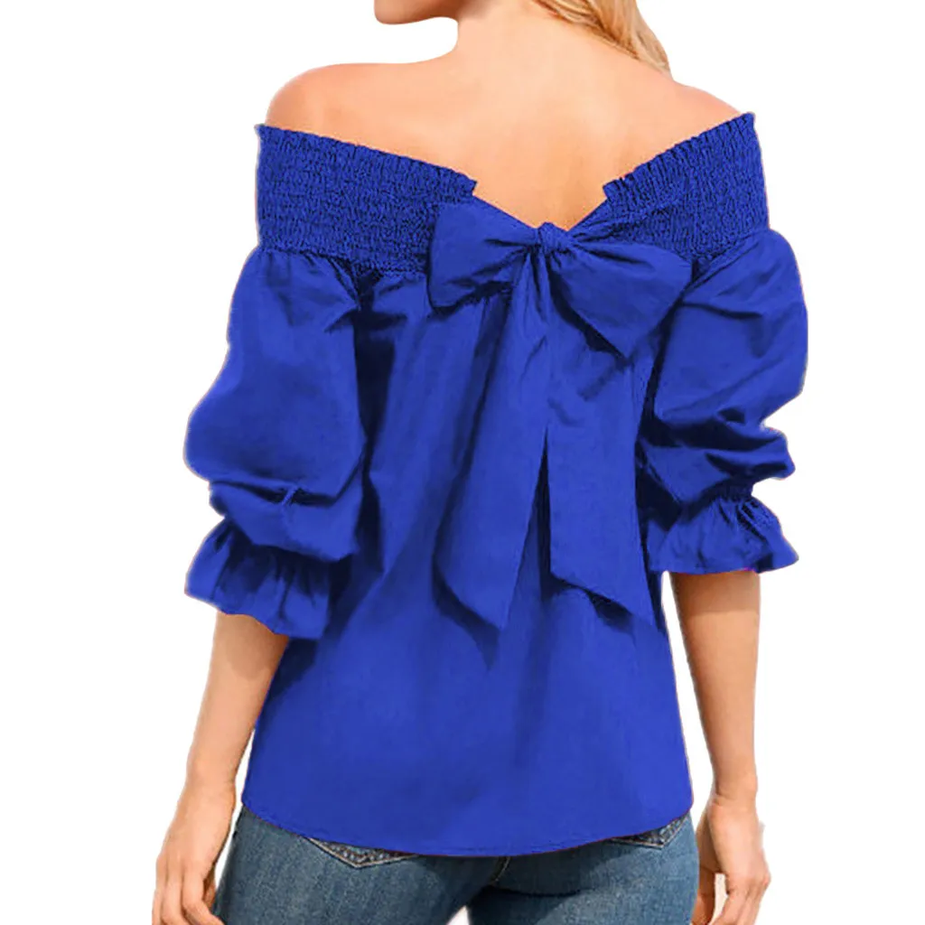 Блузка женская большого размера Женская рубашка с открытыми плечами Топ женский Пышный рукав бант бандажная блузка Camisas Mujer Женские топы и блузки - Цвет: Blue
