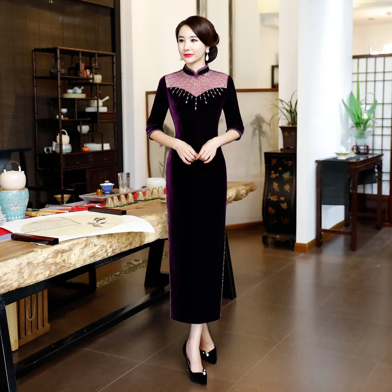 

Sexy Slim Long Cheongsam 2019 Spring Traditional Chinese style Velour Dress Womens Mandarin Collar Qipao Party Dresses Vestido