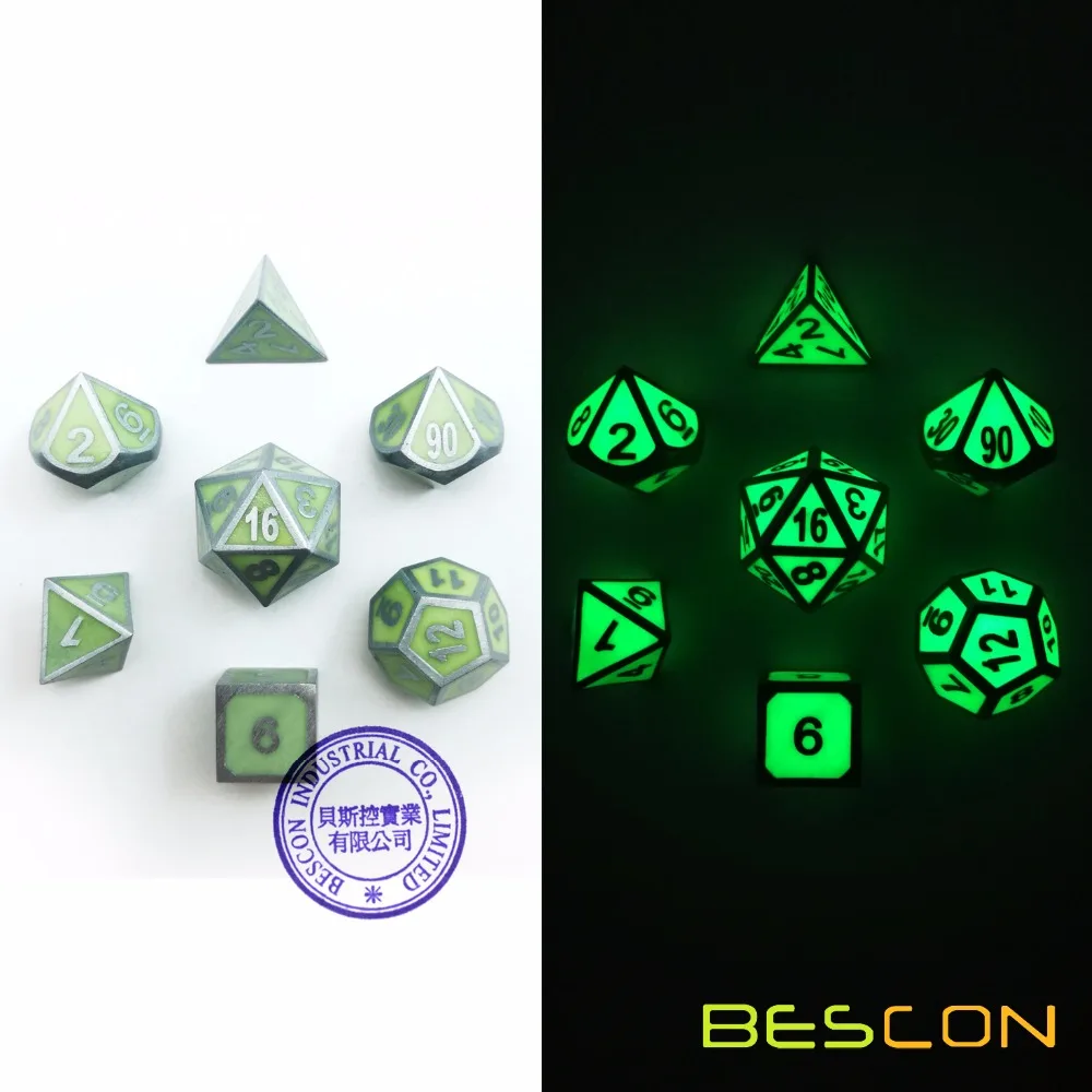 Bescon супер светится в темноте металлические многогранные D& D игральные кости Набор из 7 светящихся металлических ролевых игр игральные кости 7 шт. набор D4-D20