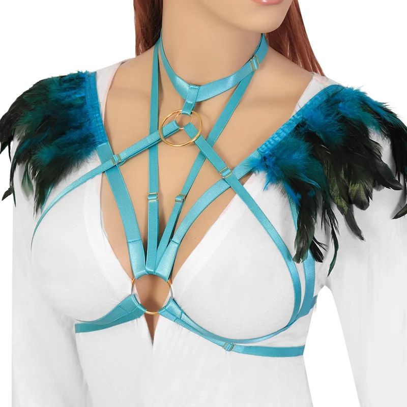 Бюстгальтер на бретельках с перьями, топ на плечах, крылья, бюстгальтер для женщин, эластичный регулируемый плечевой эполеты, крылья размера плюс - Цвет: Blue O0664