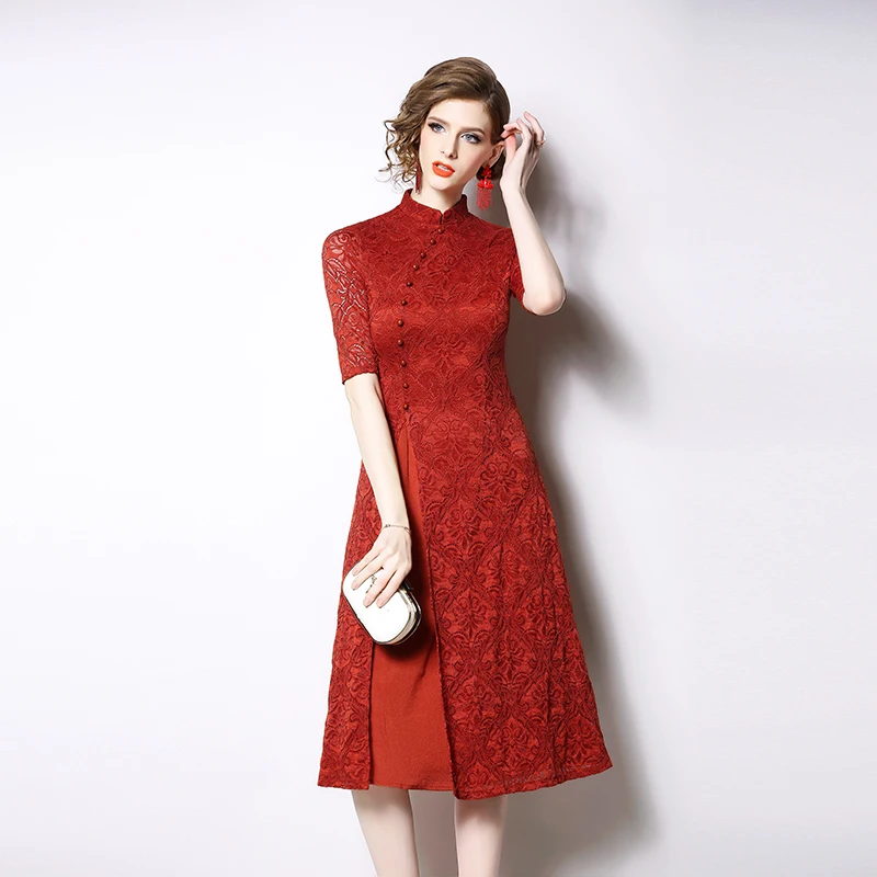 

Women's new lace dress single-breasted retro stand collar cheongsam dress