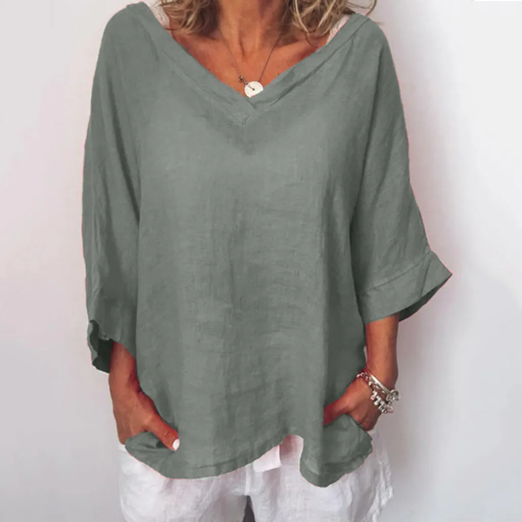 

robe femme Womens Casual O-Neck 3/4 Sleeve Solid Linen Loose Pullover Top Blouse chiffon blouse Women's Clothing