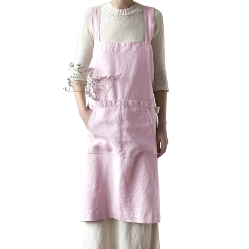 

Fashion-Women Overalls Casual Cooking Aprons Dress Summer Autumn Ladies Retro Loose Solid Pocket Apron Sleeveless Back Cross S