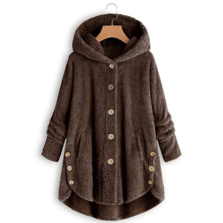 Winter New Fashion Women Fleece Hooded Europe American Button Warm Hooded Irregular Solid Color Coat 10 Colors