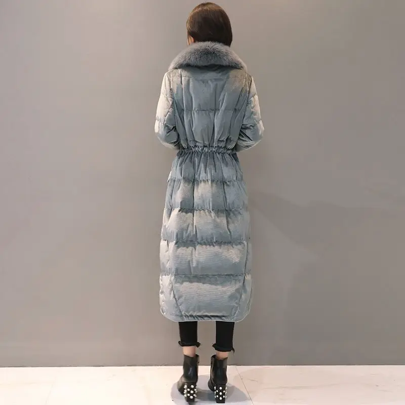 2018 Winter Women White Duck Down Jacket Suit Collar Fox Fur Collar Gold Velvet Thick Coat Female Slim Warm Long Outwear O815 2018 Winter Women White Duck Down Jacket Suit Collar Fox Fur Collar Gold Velvet Thick Coat Female Slim Warm Long Outwear O815