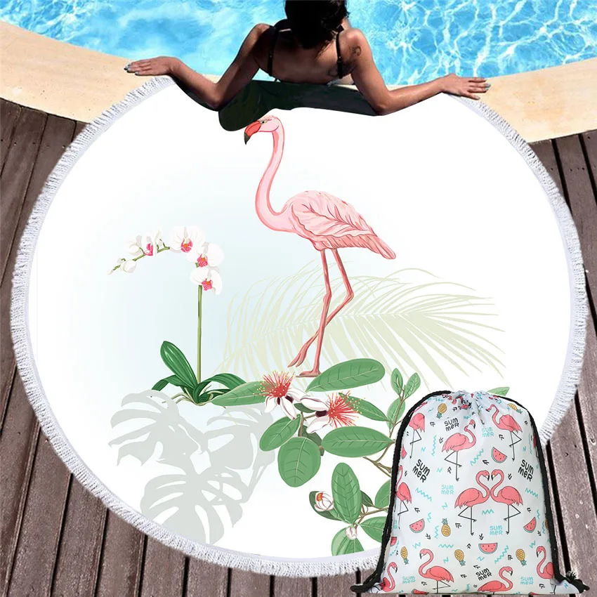 

Flamingo Soft Summer Round Beach Towel Home Bath Towel With Drawstring Backpack Bag Seaside For Adults Kid Wall Tapestry Blanket