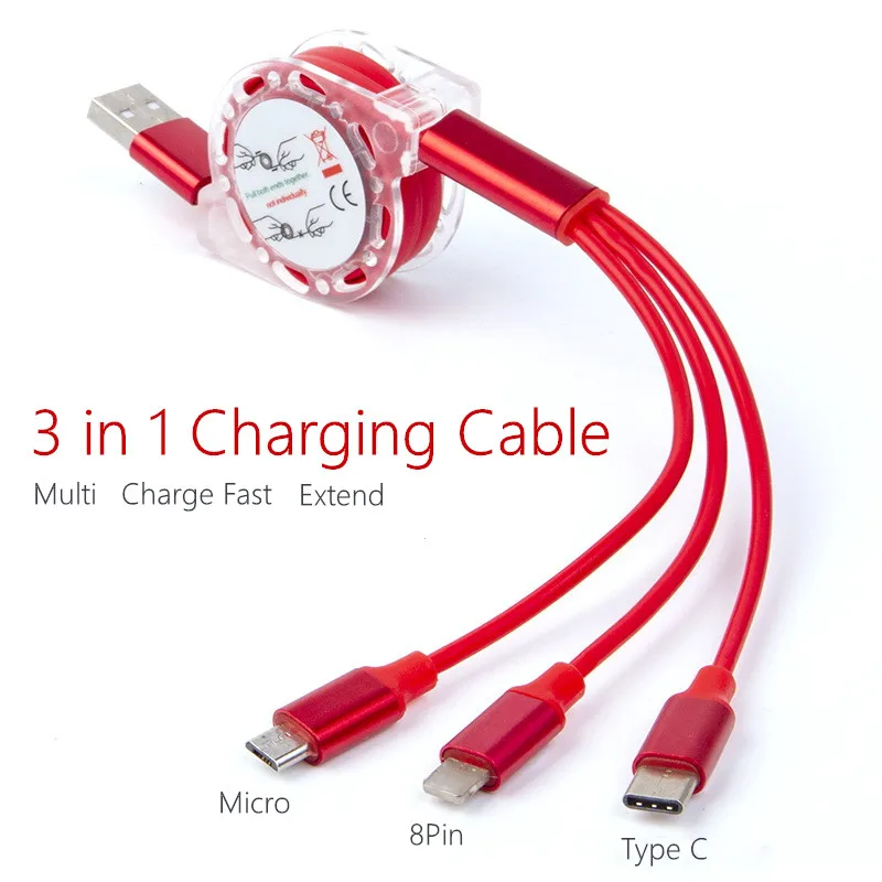 

Multi Fast 3 in 1 USB Charge Cable Micro/Type C/8 Pin For iPhone Android Mobile Phone Universal Extend Charger Line Cord