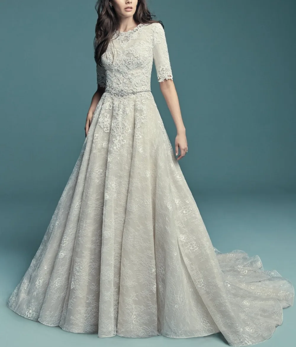 

Vintage A-line Lace Long Modest Wedding Dresses With half Sleeves Sleeved Religious LDS Wedding Gowns Couture Custom Made