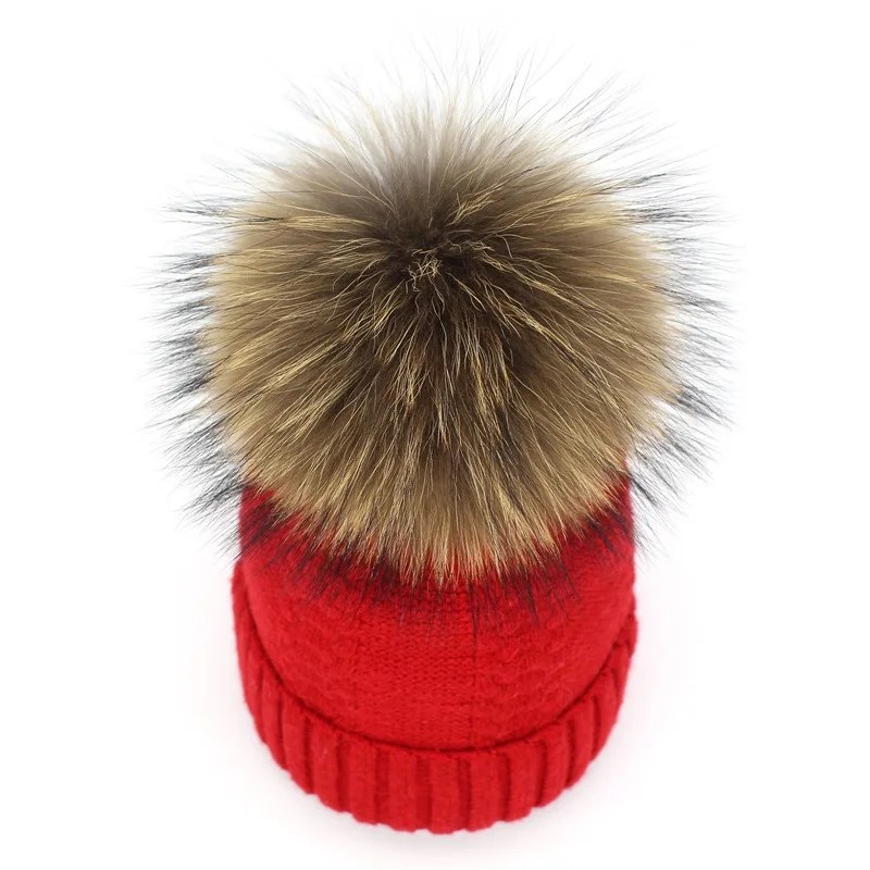 New winter wool knitted hat beanies with real mink fur pom poms Skullies natural raccoon Bobble Fur Pompom Pompon Hat caps