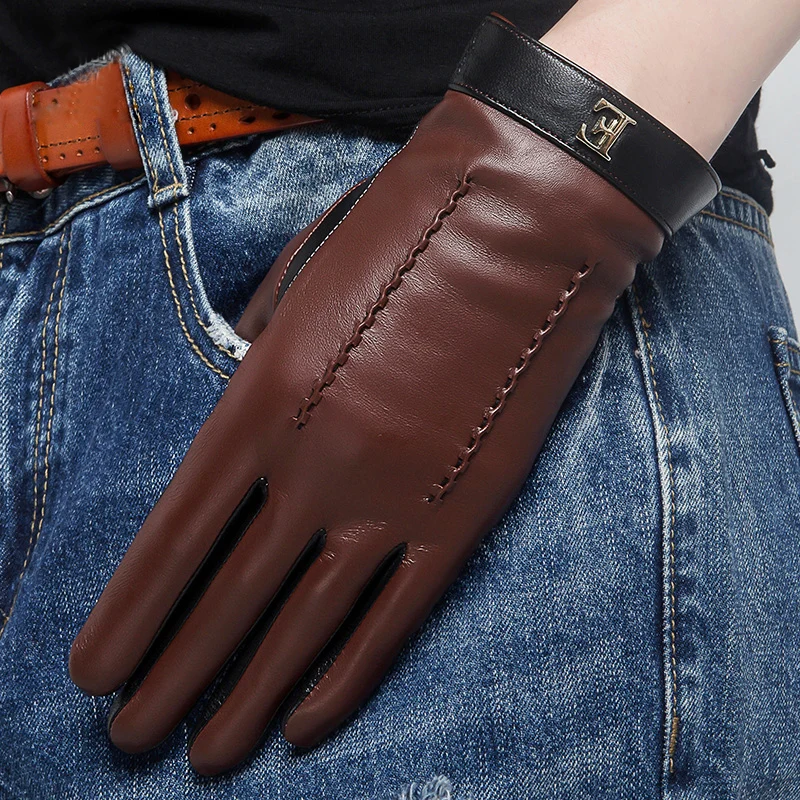 2019 New Genuine Leather Women's Gloves Autumn Winter Warm Plush Lined Fashion Patchwork Sheepskin Gloves Female 3326