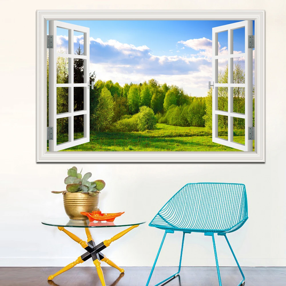 3D окно вид лес настенный стикер с пейзажем стены искусства Съемный Спальня Зеленый Золотой дерево лес обои кухня стикер