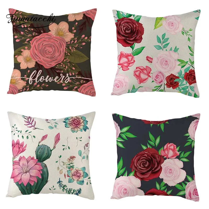 

Fuwatacchi Linen Various Flower Floral Cushion Cover Red Peony Rose Butterfly Throw Pillow Cover Colorful Flowers Pillowcases