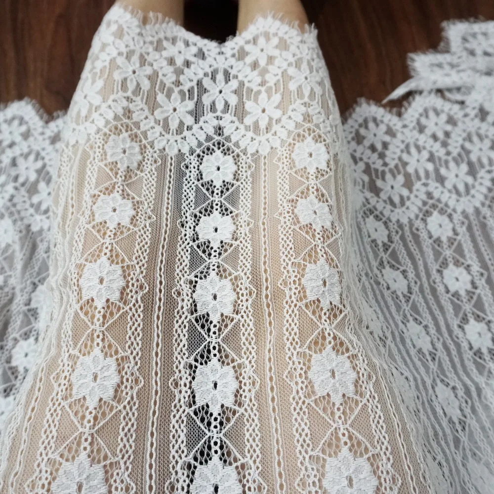 

3 Meters/piece eyelash lace soft allover flowers Luxury thick quality women dress making lace fabric off white, Black in stock!