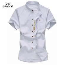 YK дядя бренд Лето г. Повседневное мода классический сплошной Для мужчин рубашка из хлопка и льна стенд карман украшения короткий рукав Для Мужчин's Рубашки для мальчиков