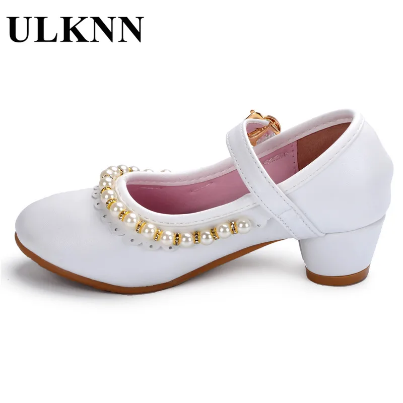 ULKNN Kids Shoes Girls Sandals Ruffles Pink White Fille Shoes Pearl Soft Leather Female Sandal Children Princess Dress