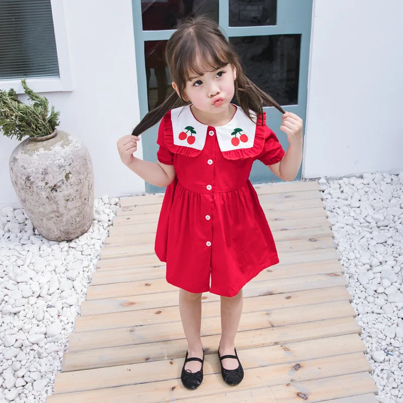2019 Crianças Roupas Meninas Coreanas Vestido Navy Vento Lapela Vestido Cereja