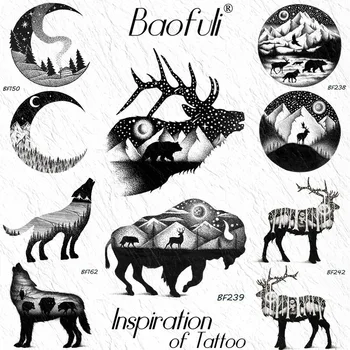 

BAOFULI 3D Star Planet Mountain Galaxy Temporary Tattoos Sticker Bear Wolf Planet Waterproof Tattoo Elk Desert Black Tatoo Men