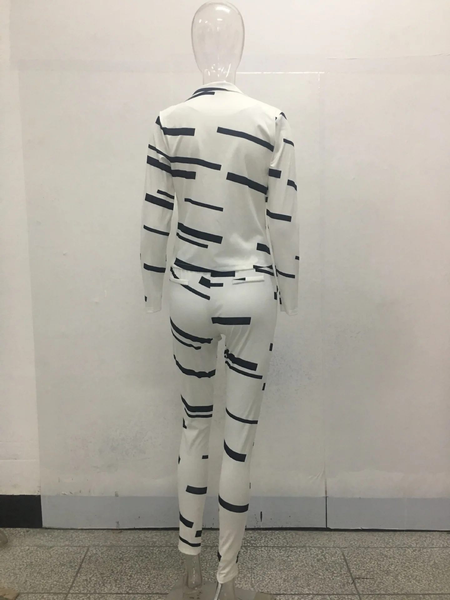 Women s Fashion Black & White Striped Print Shoulder Jacket + Pants Two - piece Set LOW LUV