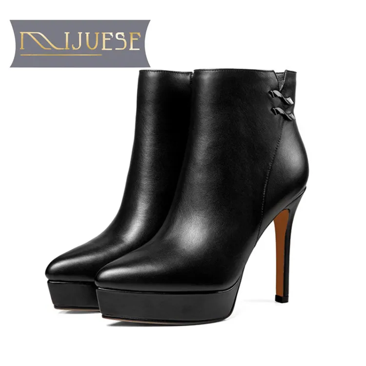 

MLJUESE 2019 women ankle boots cow leather zippers Metal decoration winter short plush high heel platform boots women boots