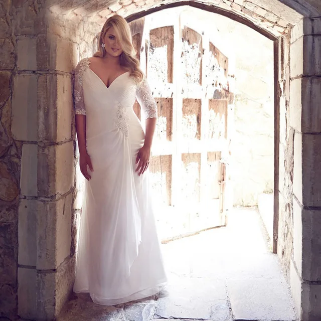

2019 Modest Plus Size Wedding Gowns Custom Made Chiffon Bride Dresses with Sleeve Fashion Vestido de Novia Lace Bridal Dress