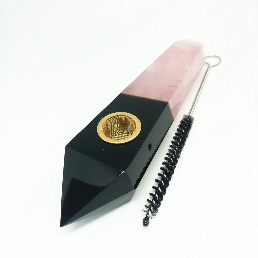 

Drop shipping Two kinds of natural stones Hand spliced together crystal wand pipe quartz point tube with golden mesh