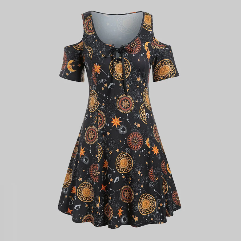 

Women Plus Size Sun Stars Moon Printed Off Shoulder Casual Dress robe femme vestidos de verano summer elegant clothes for women