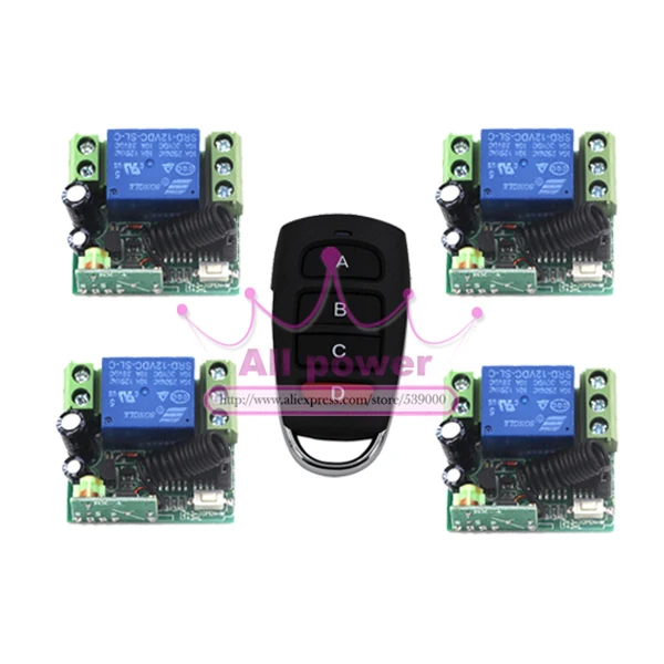 315/433MHZ DC12V 1CH remote control light on off switch 1Transmitter 4Receiver Momentary Toggle Latched with Relay indicator |