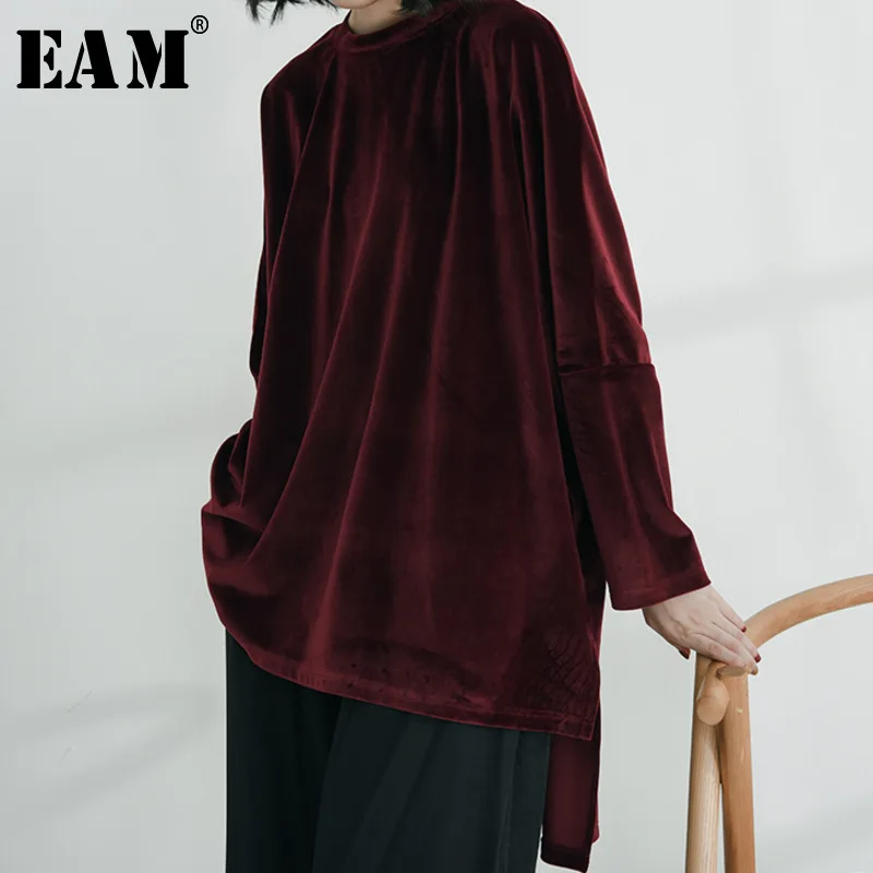 

[EAM] 2019 Autumn Winter Woman Stylish Comfortable Wine Red Color Long Sleeve O-neck One Size Loose Plus Size Velvet Shirt LD770