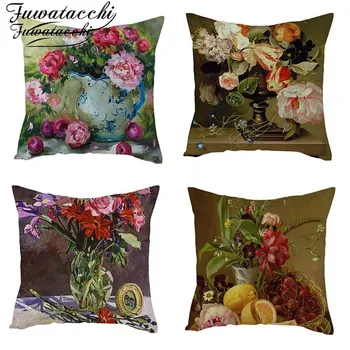 

Fuwatacchi 100% Square Pure Linen Floral Cushion Cover Roses Rose Flowers Peony Throw Pillow Cpver Colorful Flowers Pillowcases