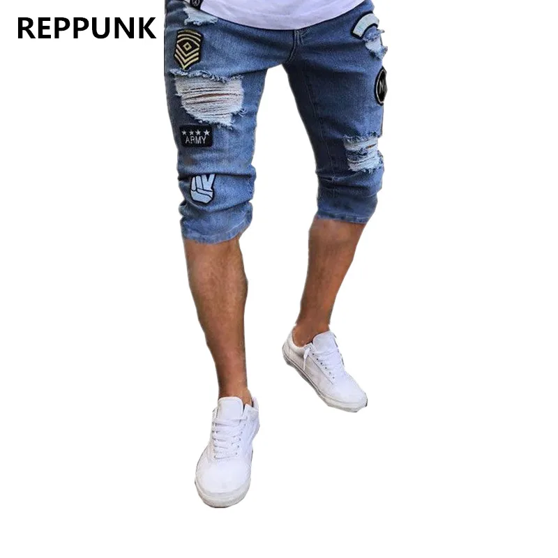 Мужские шорты REPPUNK эластичные джинсы с дырками и вышивкой 2018|Джинсы| |