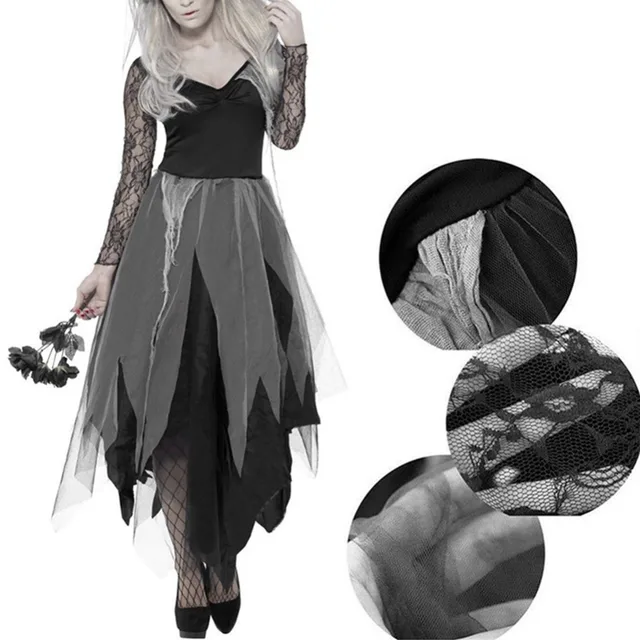 vestido de novia fantasma de gasa de borde de encaje negro para