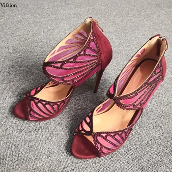 

Olomm New Women Sandals Sexy Rhinestone Thin High Heels Sandals Open Toe Gorgeous Wine Red Party Shoes Women US Plus Size 5-15