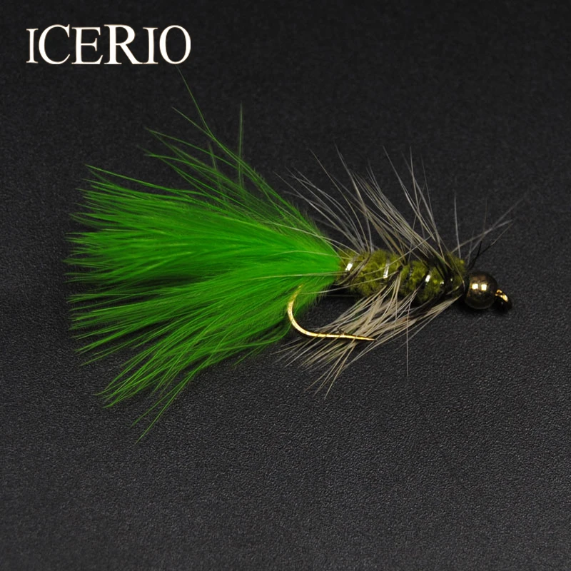 

ICERIO 8PCS Green Tail Brass Bead Head Flash Bugger Streamer Flies Fly Fishing Trout Lure #10