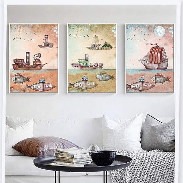 Nodic Re Mechanical Steamer Submarines Cartoon Canvas Painting Nodic Re Mechanical Steamer Submarines Cartoon Canvas Painting Picture Wall Posters For Children S Bedroom Decor