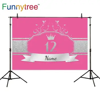 

Funnytree photophone wallpapers pink Silver crown frame invitation girl birthday Custom name backdrops photography background