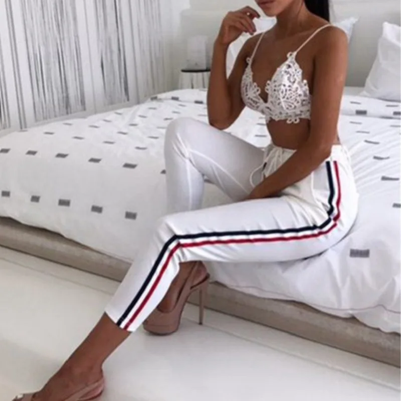 

Women Side Striped High Waist Pencil Pants Capris Casual Ladies Slimy Drawstring Pants 2018 Black Trousers Pantalon Mujer