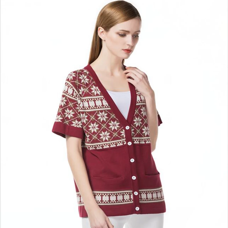 Knitbest"100 Cotton Red Women Christmas Sweater Cardigan Floral Embroidery Short Sleeve Female