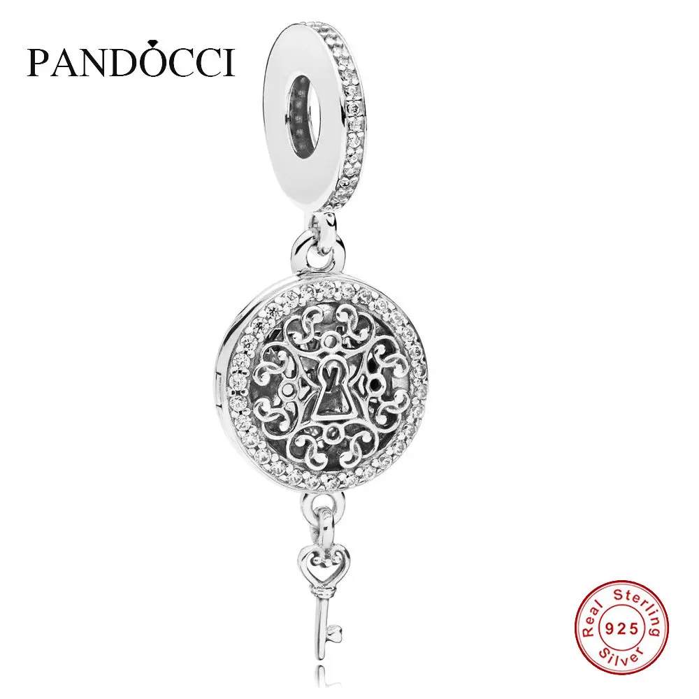 

PANDOCCI 925 Sterling Silver Jewelry Regal Love Key Dangle Charm, Clear CZ Original Beads Fits Bracelets For Jewelry Making