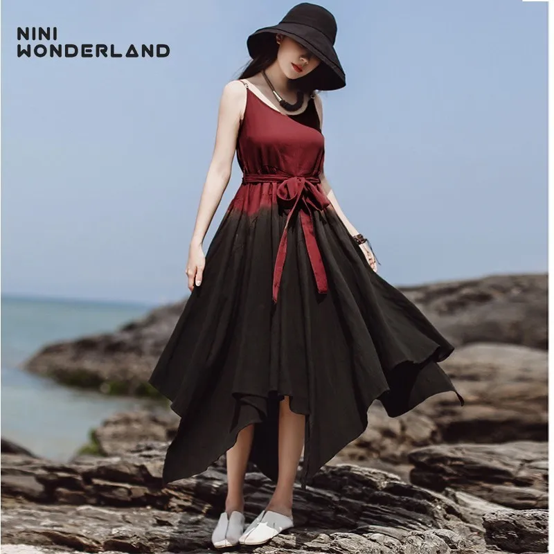 

NINI WONDERLAND Women Cotton Boho Dress 2019 Summer Gradient Color Spaghetti Strap Irregular Dress Female Slip Beach Dresses