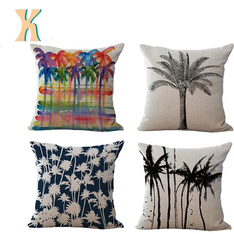 

High Quality Invisible Zipper Linen Square ink color palm tree cushion cover painting style capa de almofada Product Beige