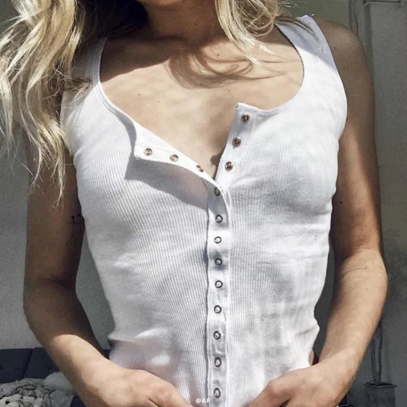 Ugost футболки для женщин Круглый вырез без рукавов пуговицы твердые белый черный сексуальный тонкий короткий топ летний топ женщина